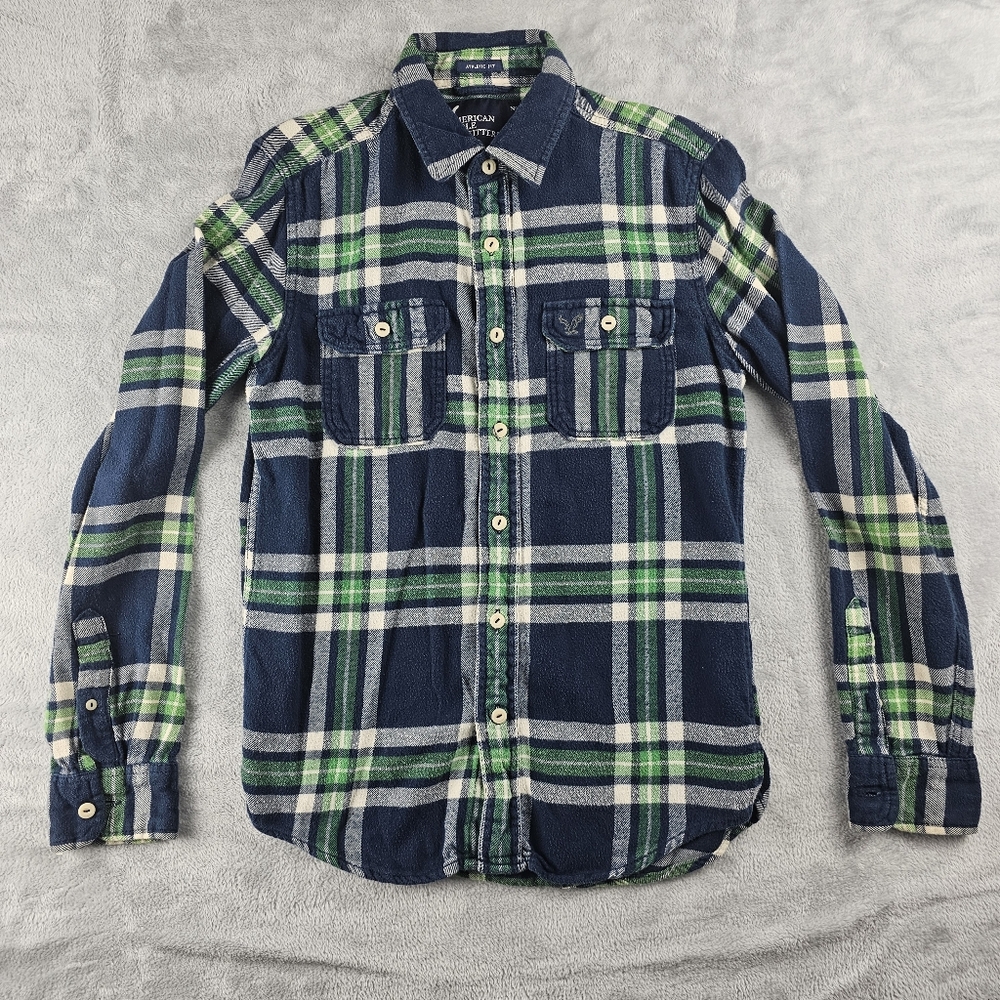 American Eagle Plaid Button Up Flannel Long Sleeve Shirt Mens Size Small Green